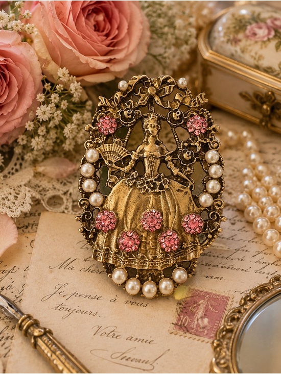 Jewelry - Vintage Victorian Lady Brooch with Faux Pearls & Pink Rhinestones